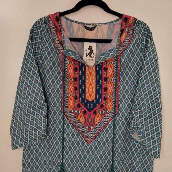 Feitong colorful printed moroccan boho popover mini dress tunic top - Picture 3 of 13
